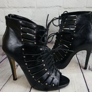 Black gold small studded lace up heels